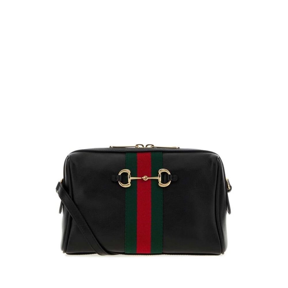 Gucci Women Black Leather Small Gucci Horsebit Web Crossbody Bag